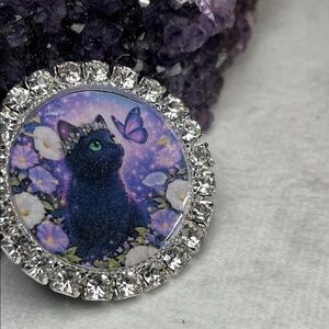 Feline Familiars Black Cat Crystal Broach Or Magnet Artisan Designed
